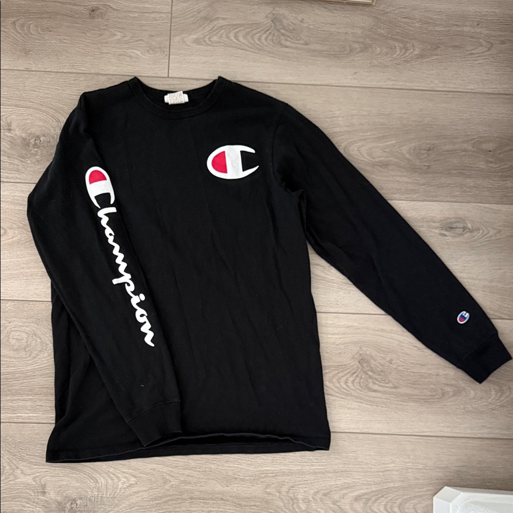 Champion Black Long Sleeve Tee with Red & White Logo